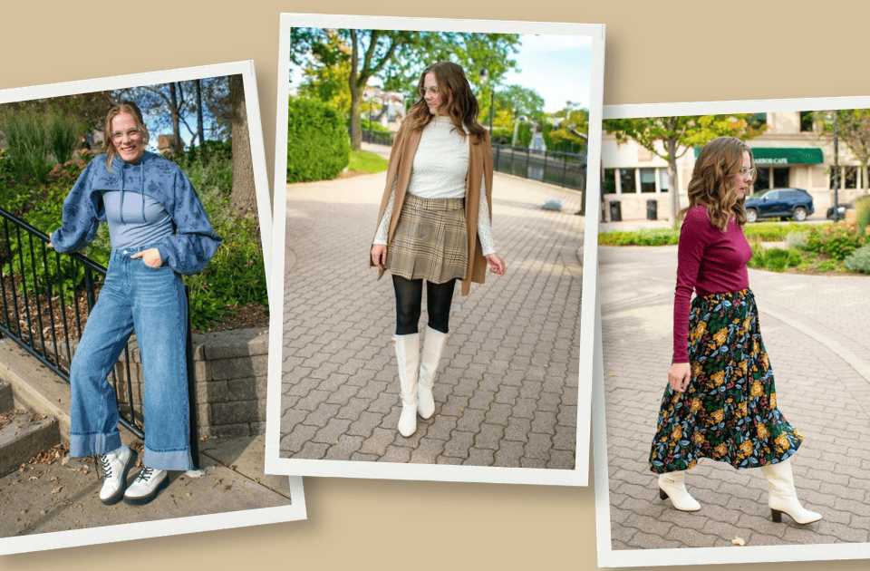 Woman wearing three different looks for fall outfits all featuring white boots, in an urban setting